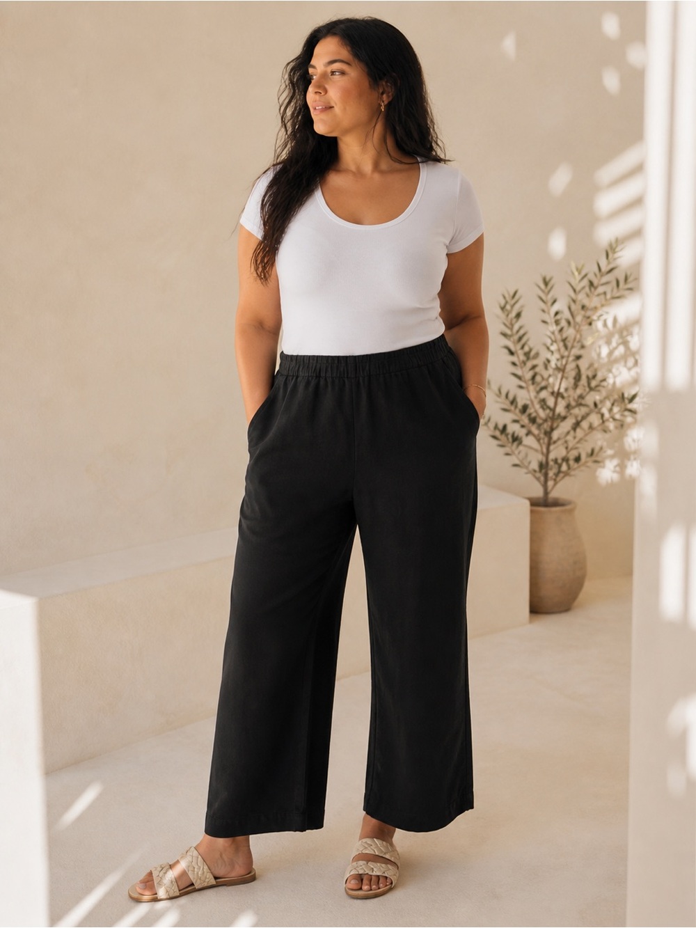 NWT J Jill 100% Linen Women's Pants XL Black Pull On Elastic Waist Wide Leg
